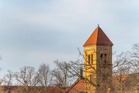 Close view of a brick tower with red tiled roof rising above bare trees. Fotos Stock