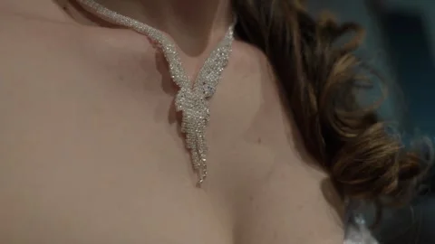 Close-up View of Bride Wearing Sparkling Diamond Statement Necklace Stock Footage 342290089