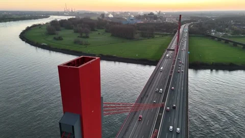 Close view of bridge pillar with cables and traffic Stock Footage 331200045