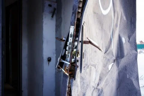 Close up view of broken lock and door frame damaged Stock Photos