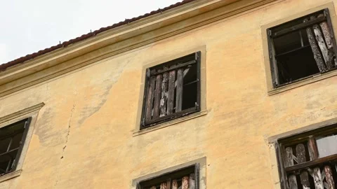 Close up view of broken windows of abandoned castle in Podcetrtek, Slovenia Stock Footage 154849229