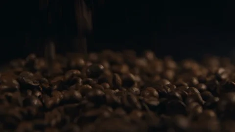 Close up view of Brown Coffee Beans Falling one by one on the Dark Background Stock Footage 91697274