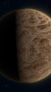 Close view of a brown cratered alien planet with a rugged surface, dramatic.. Stock Illustration