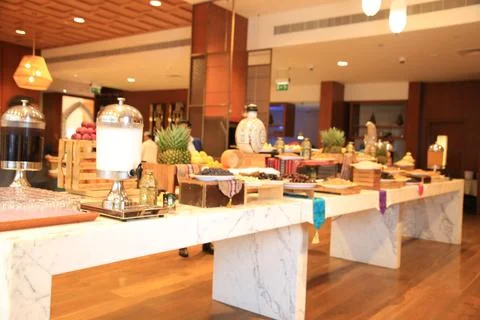 Close-view of buffet display laid out on exquisite marble tables Stock Photos