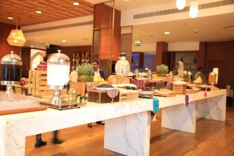 Close-view of buffet display laid out on exquisite tables at 5-star hotel. Stock Photos