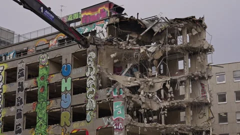 Close view of building demolition in Oslo, Norway. 11th November 2024. Version 1 Stock Footage 291983824