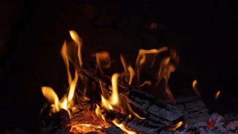 Close up view of burning fire pit. Red hot coals and sparks from the fire on the Video stock 108726827