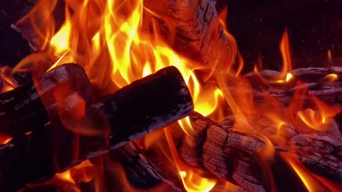 Close-up view on burning woods in the grill Stock Footage 138426575