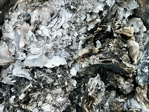 Close up view of burnt paper ash and charred remains from a fire bonfire Stock Photos