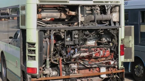 Close-up View of a Bus Engine with the Hood Raised Stock Footage 152965167