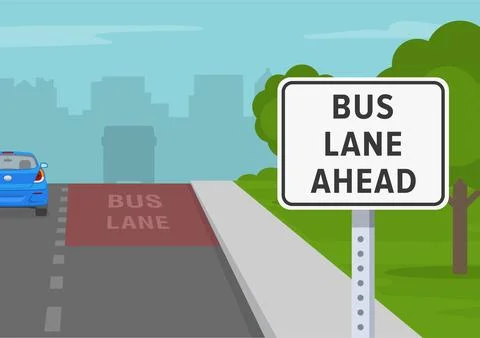 Close-up view of "bus lane ahead" road sign and the lane designated for buses. Stock Illustration