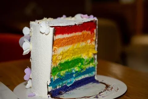 A close-up view of cake with brightly colored rainbow layers and delicious Photos