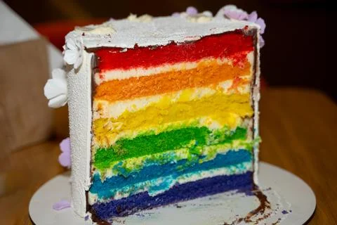 A close-up view of cake with brightly colored rainbow layers and deliciou Stock Photos