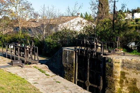 Close View of Canal Lock Gate and Chamber Stock Photos