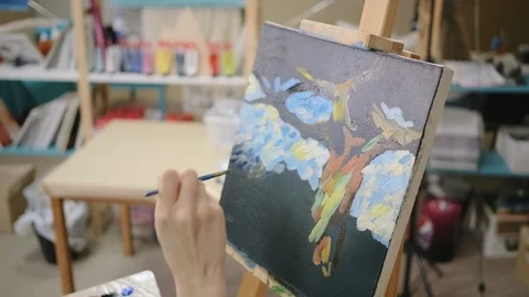 Close-up view of canvas with picture during work in studio of art class Stock Footage 115276809