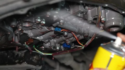 Close-up view of car engine compartment wiring harness assembly Stock Footage 348448553