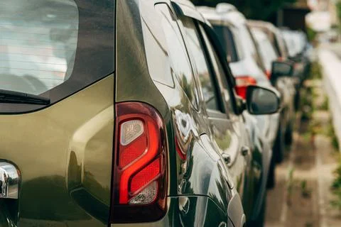 Close up view of car tail light. Parking with new cars at the dealership Stock Photos
