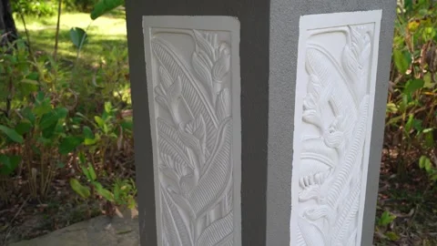 Close-up view of the carved stone pillar in the garden. Stock-Footage 267549593