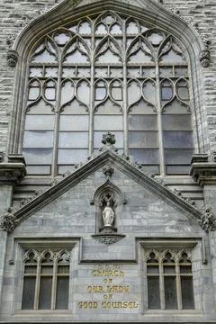 Close-up view of Cathedral front exterior in the morning with cloudy sky. No Stock Photos