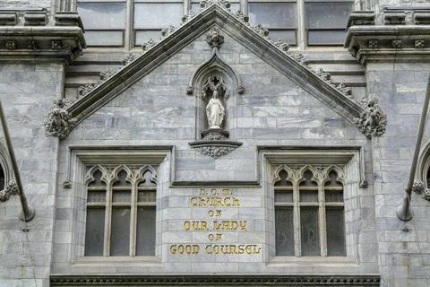 Close-up view of Cathedral front exterior in the morning with cloudy sky. No Stock Photos