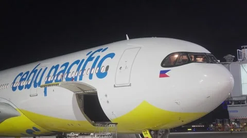 Close up view of Cebu Pacific airlines at night in Philippines Stock Footage 325420674