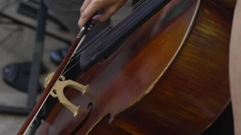 Close view of cello strings and bow during music performance Stock Footage 328725118