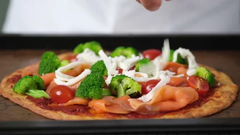 Close up view Chef hand perparing an Pizza. Stock Footage 139377886