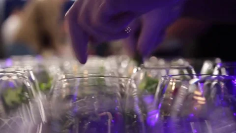 Close-up view on chefs’ hands in rubber gloves put salad in transparent glasses. Vídeo Stock 72603224