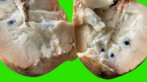 A close up view of a cherimoya fruit cut in half, showcasing its succulent wh 库存照片