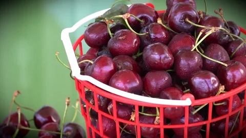 Close up view of cherry in a red plastic basket Stock Footage 76974361