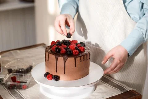 Close up view of chocolate cake decorating with blackberries and raspberries. Stock Photos