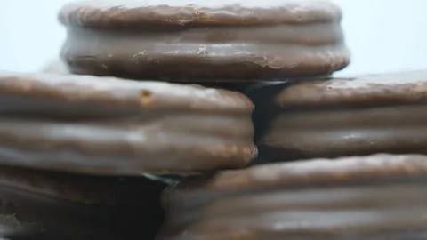 A close up view of chocolate snack cakes. Stock Footage 201211324