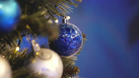 Close Up View Of Christmas Tree With Blue Decoration. Video stock 219381371
