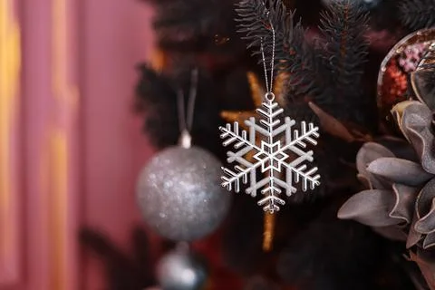 Close up view of Christmas tree branches with stylish shiny silver snowflak.. Stock Photos