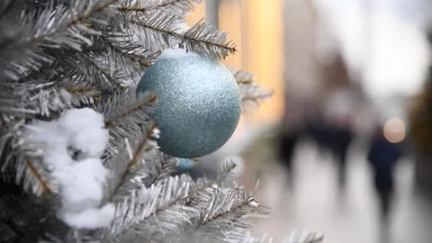 Close-up view Christmas tree on winter street Stock Footage 295435099