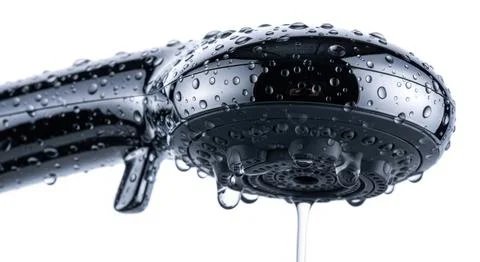 Close-up view of a chrome shower head with water droplets and streams casca.. Stock Illustration