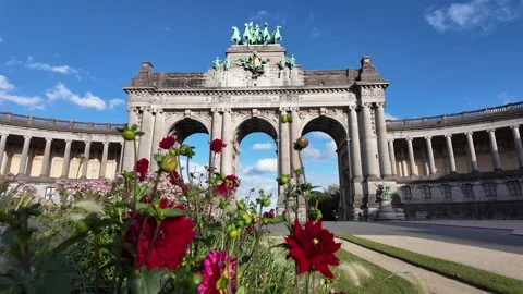 Close view of Cinquantenaire Park with colorful flowers in Brussels Vídeo Stock 317285880