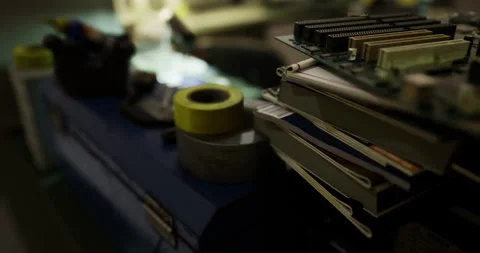 Close up view of circuit board and tools in electronics workshop setting Stock Footage 320828981