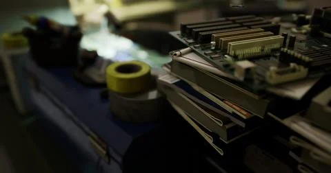 Close up view of circuit board and tools in electronics workshop setting Stockillustratie