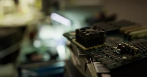 Close up view of a circuit board with components in a dimly lit workshop Stock Illustration