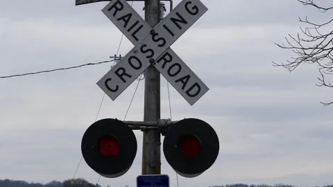Close-up view of a classic railroad crossing sign with flashing lights, set.. Stock Footage 278330399