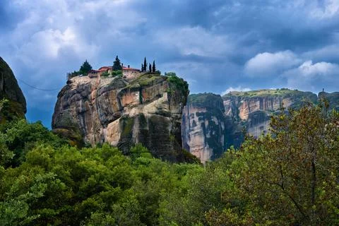 Close view of clifftop Eastern Orthodox monastery of Holy Trinity or Agia Triada Stock Photos
