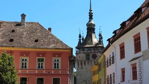 Close-up view of the clock Tower Sighisoara, Transylvania, Romania. HD Video Stock Footage 100341730