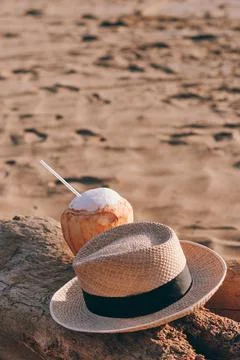Close-up view of a coconut and hat on a tree trunk on the beach Stock Photos