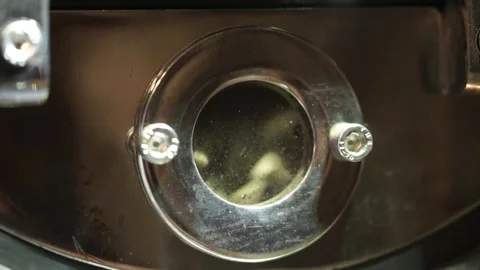 Close up view of coffee beans falling in the roasting machine Stock Footage 259794323