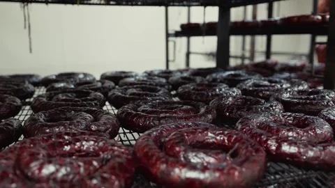 Close-up view of coiled sausages drying on metal racks in a food processing Vídeo Stock 332724208