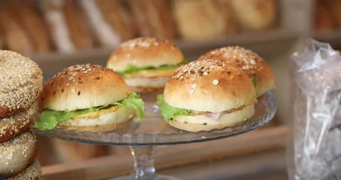 Close up view of cold sandwiches served in bakery Stock Footage 197374979