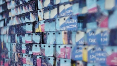 Close-up view of a colorful abstract mosaic wall made of small rectangular Stock Footage 327323923