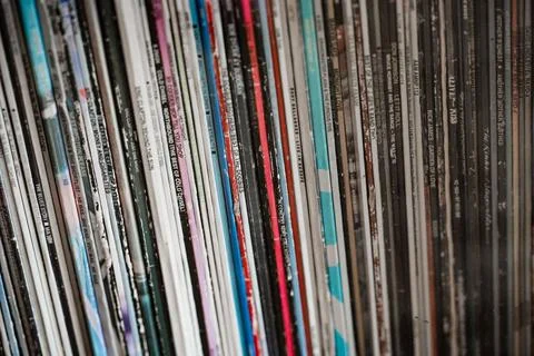 A close up view of colorful array of vinyl record covers Stock Photos