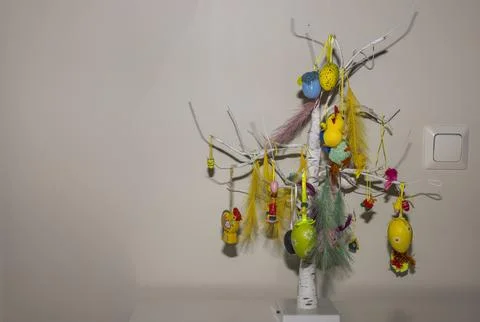 Close up view of colorful Easter tree home decoration. Stock Photos